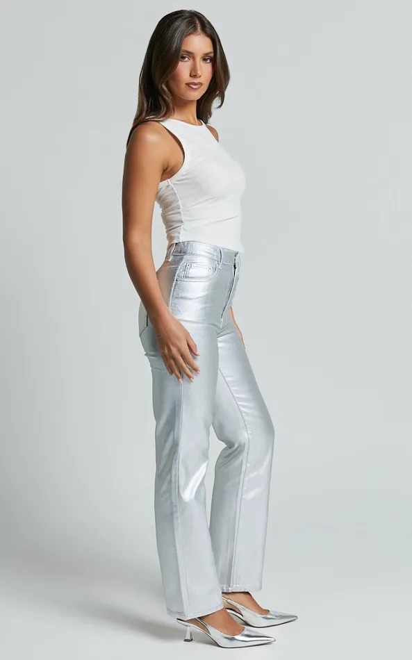 Showpo Addison Jeans 8211 High Waisted Metallic Jeans In Silver Women Denim