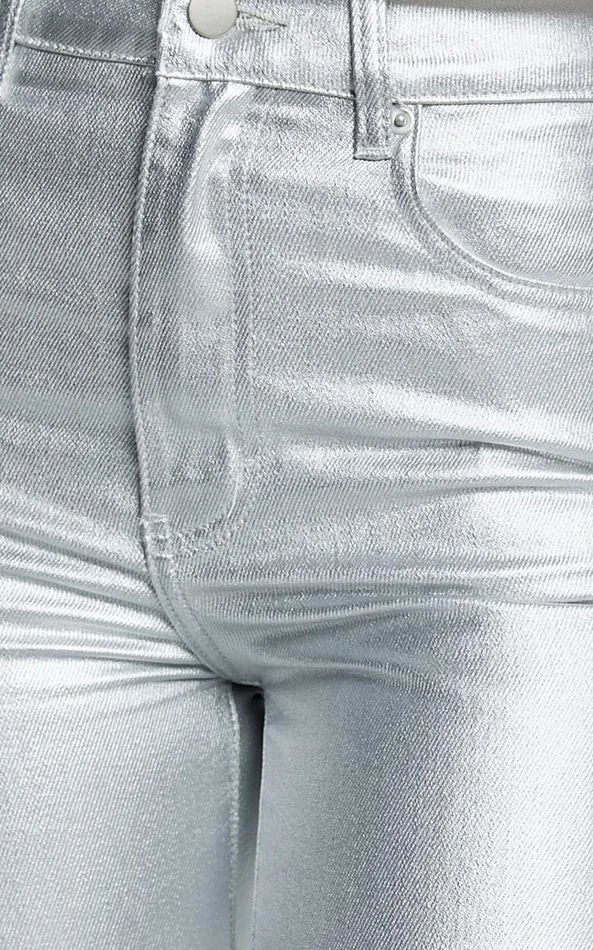 Showpo Addison Jeans 8211 High Waisted Metallic Jeans In Silver Women Denim