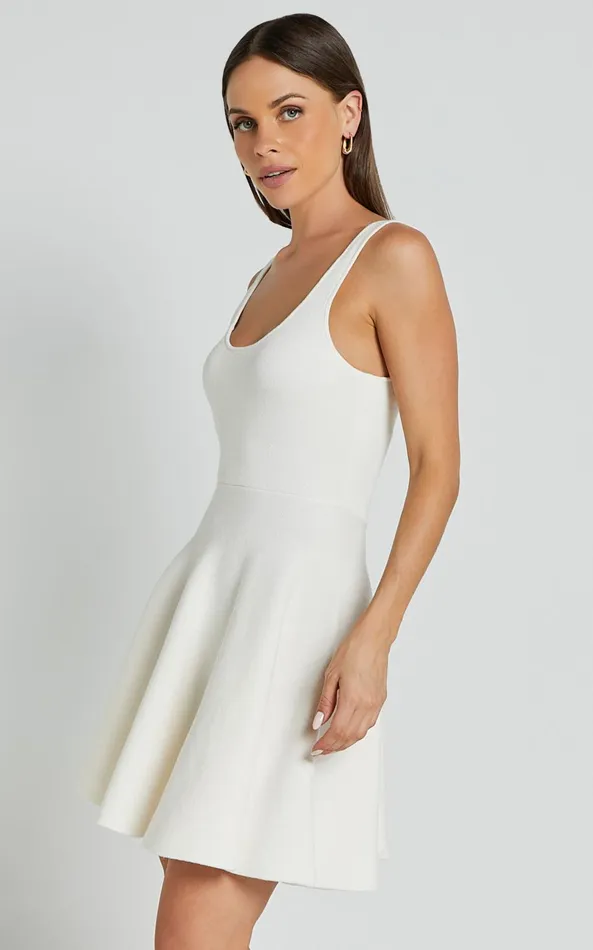 Showpo Addison Mini Dress 8211 Recycled Polyester Knitted Scoop Neck Dress In Ivory Women Dresses