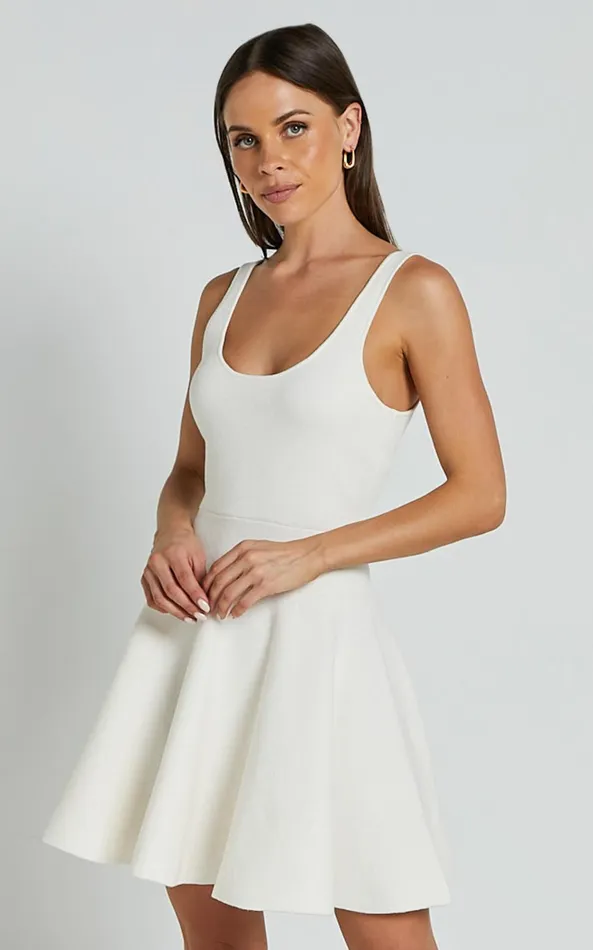 Showpo Addison Mini Dress 8211 Recycled Polyester Knitted Scoop Neck Dress In Ivory Women Dresses