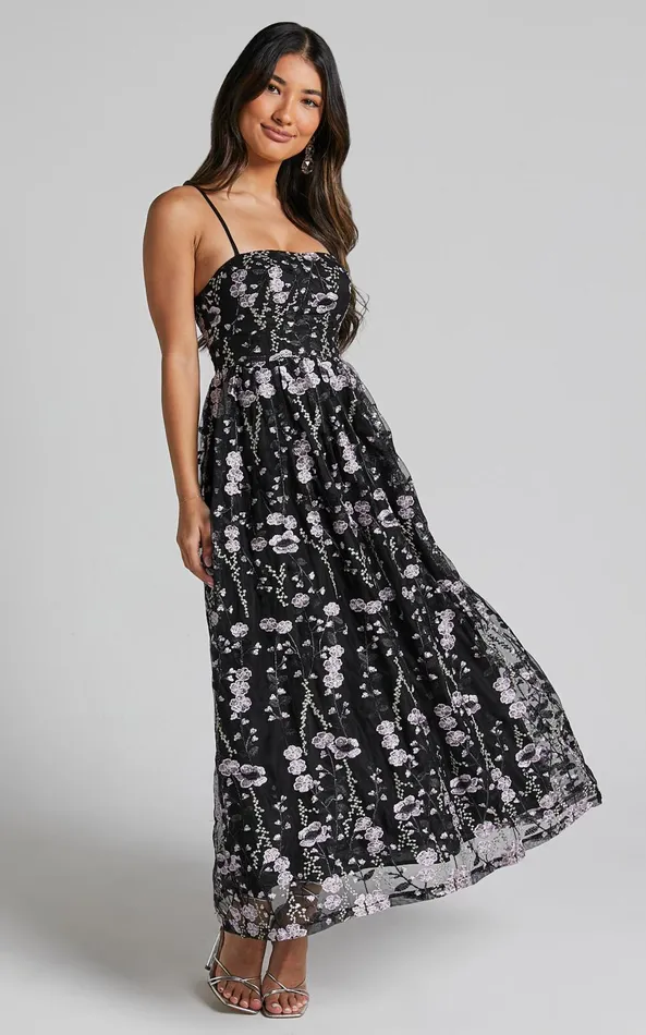 Showpo Adeje Maxi Dress Aline Embroidered Tulle Dress In Black And Purple Floral Women Dresses Showpo Adeje Maxi Dress Aline Embroidered Tulle Dress In Black And Purple Floral Women Dresses