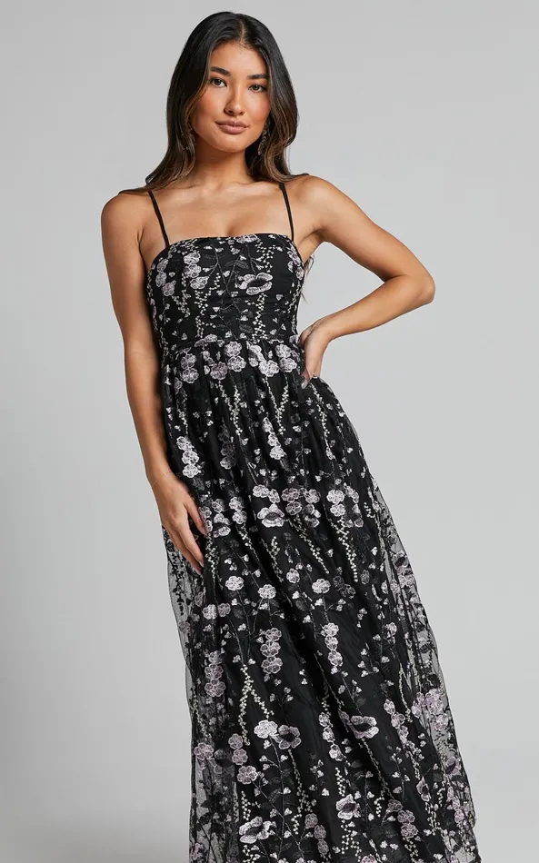 Showpo Adeje Maxi Dress Aline Embroidered Tulle Dress In Black And Purple Floral Women Dresses