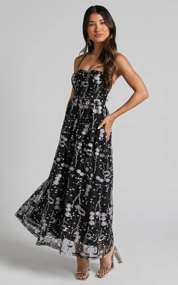 Showpo Adeje Maxi Dress Aline Embroidered Tulle Dress In Black And Purple Floral Women Dresses