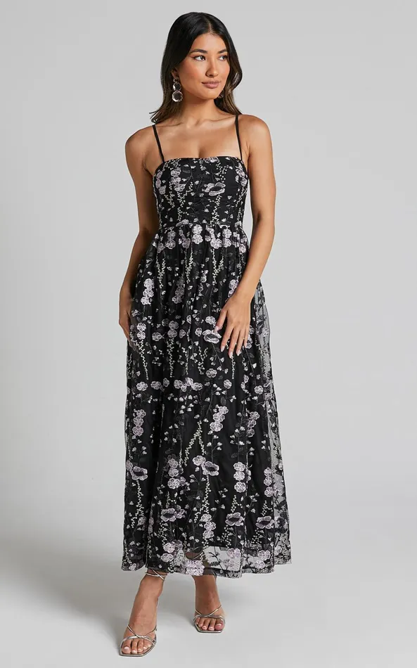 Showpo Adeje Maxi Dress Aline Embroidered Tulle Dress In Black And Purple Floral Women Dresses