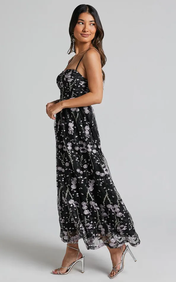 Showpo Adeje Maxi Dress Aline Embroidered Tulle Dress In Black And Purple Floral Women Dresses