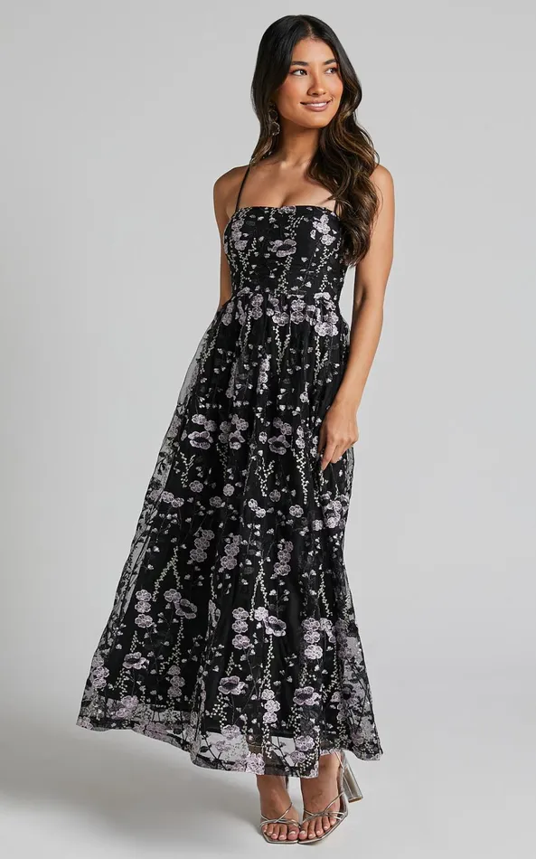 Showpo Adeje Maxi Dress Aline Embroidered Tulle Dress In Black And Purple Floral Women Dresses