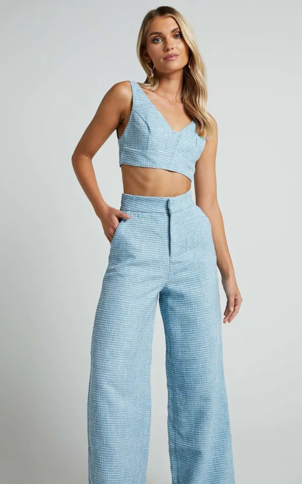 Showpo Adelaide Two Piece Set 8211 Crop Top And Wide Leg Pants Set In Baby Blue Women Curve Clothes