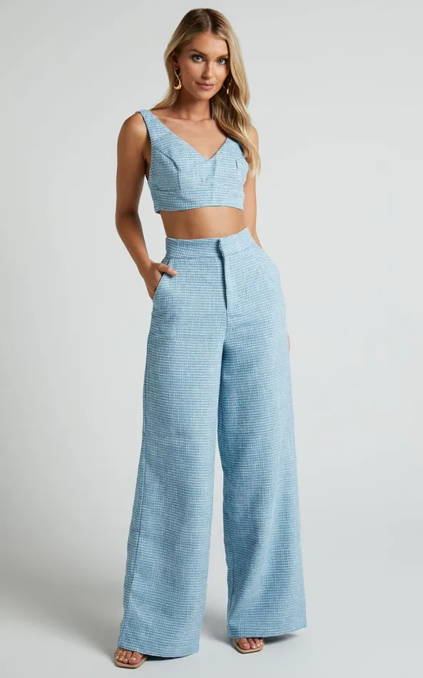 Showpo Adelaide Two Piece Set 8211 Crop Top And Wide Leg Pants Set In Baby Blue Women Curve Clothes