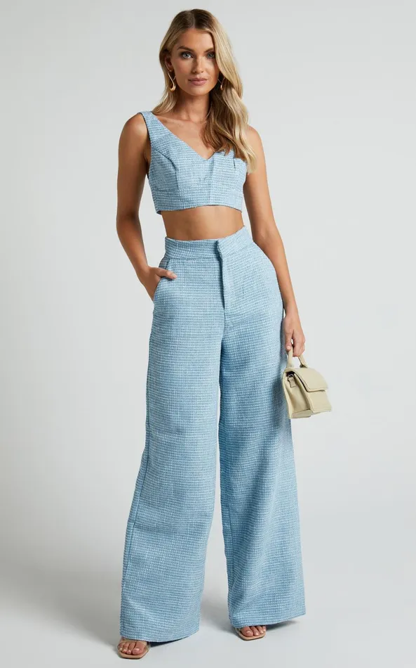 Showpo Adelaide Two Piece Set 8211 Crop Top And Wide Leg Pants Set In Baby Blue Women Curve Clothes