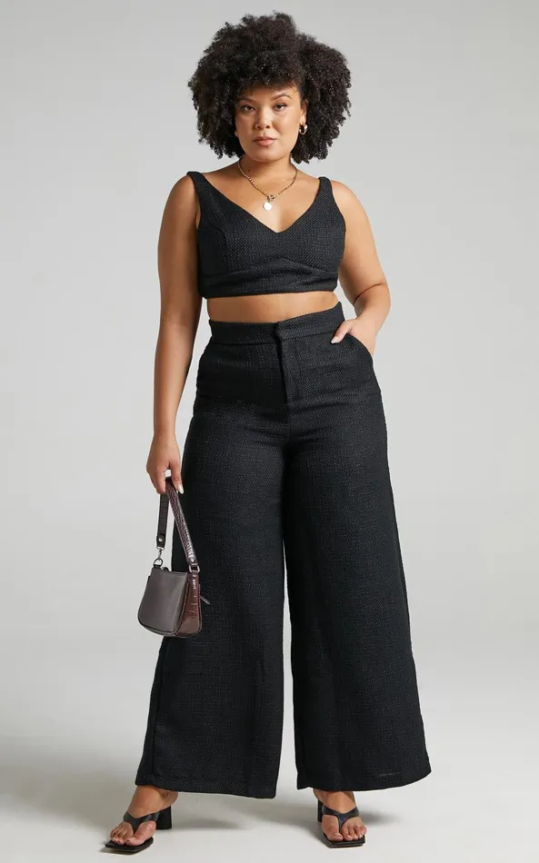 Showpo Adelaide Two Piece Set 8211 Crop Top And Wide Leg Pants Set In Black Women Curve Clothes