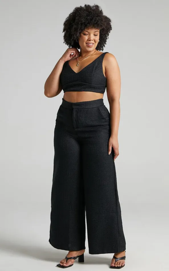 Showpo Adelaide Two Piece Set 8211 Crop Top And Wide Leg Pants Set In Black Women Curve Clothes