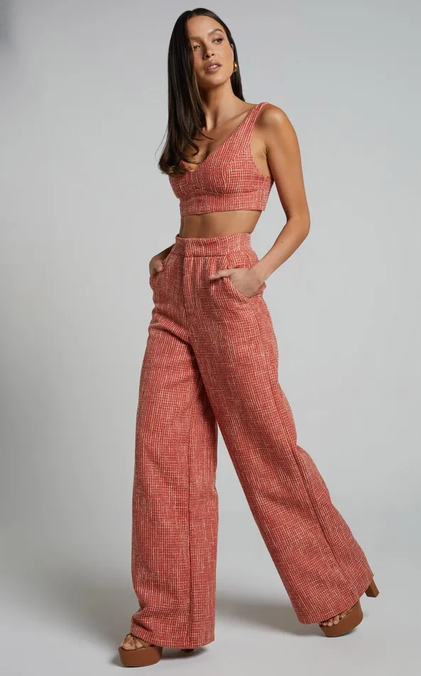 Showpo Adelaide Two Piece Set 8211 Crop Top And Wide Leg Pants Set In Burnt Orange Women Curve Clothes