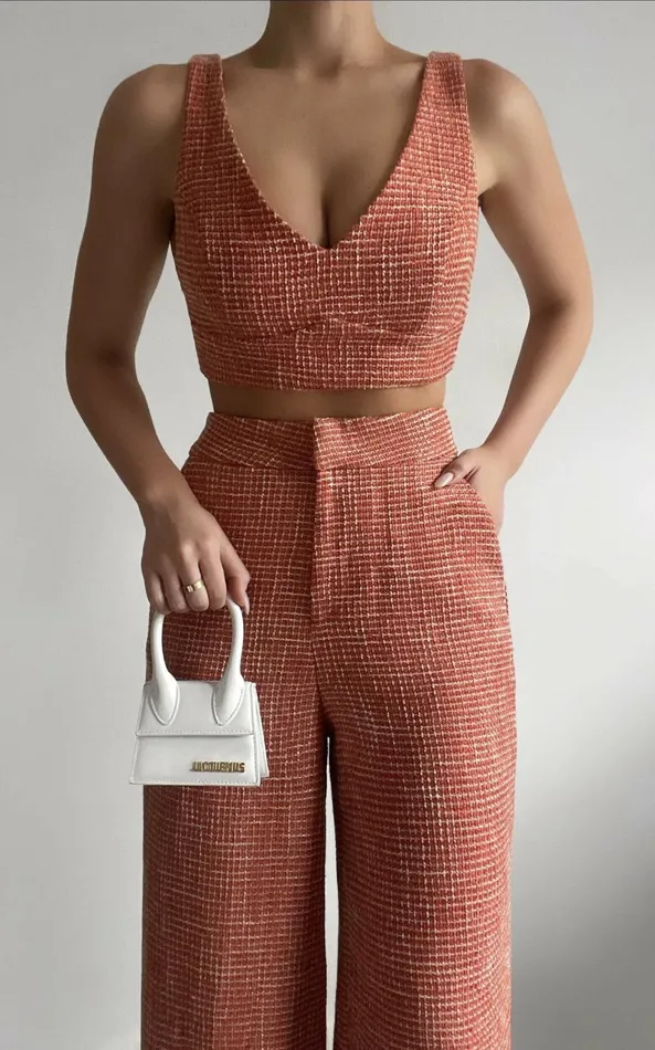 Showpo Adelaide Two Piece Set 8211 Crop Top And Wide Leg Pants Set In Burnt Orange Women Curve Clothes