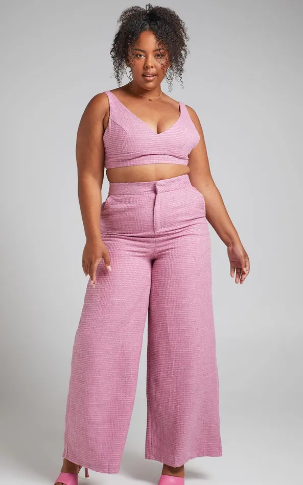 Showpo Adelaide Two Piece Set 8211 Crop Top And Wide Leg Pants Set In Pink Women Curve Clothes
