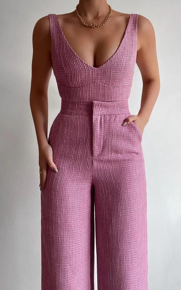 Showpo Adelaide Two Piece Set 8211 Crop Top And Wide Leg Pants Set In Pink Women Curve Clothes
