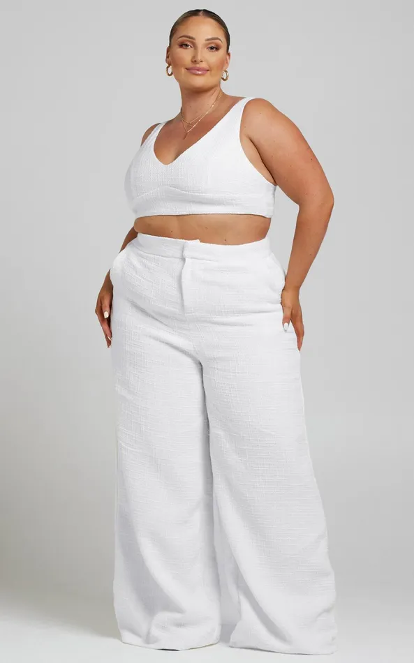 Showpo Adelaide Two Piece Set 8211 Crop Top And Wide Leg Pants Set In White Women Curve Clothes