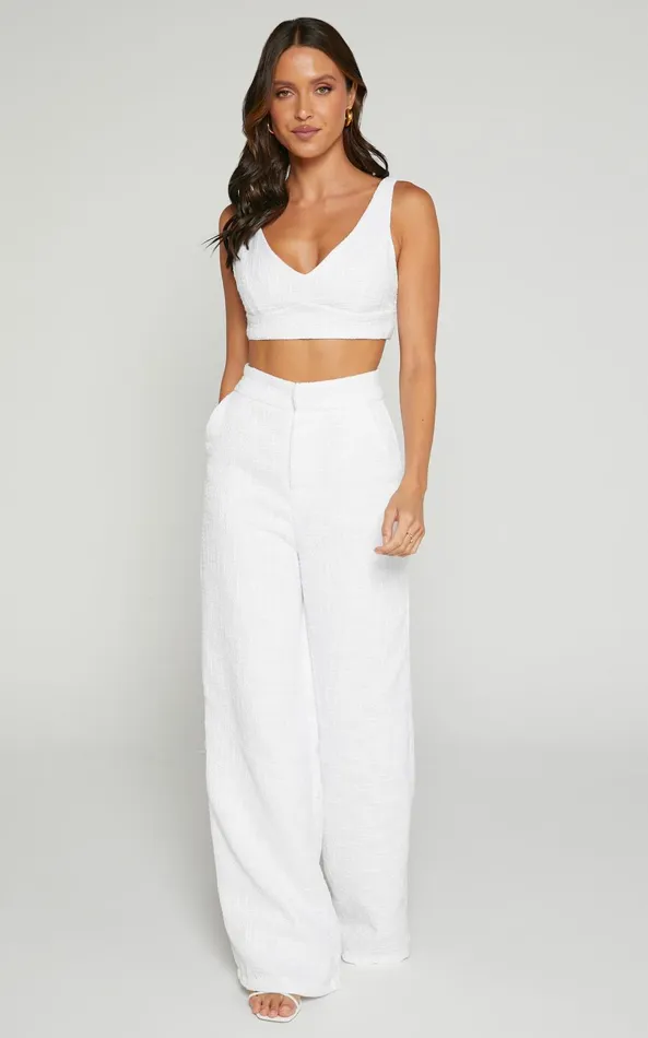 Showpo Adelaide Two Piece Set 8211 Crop Top And Wide Leg Pants Set In White Women Curve Clothes