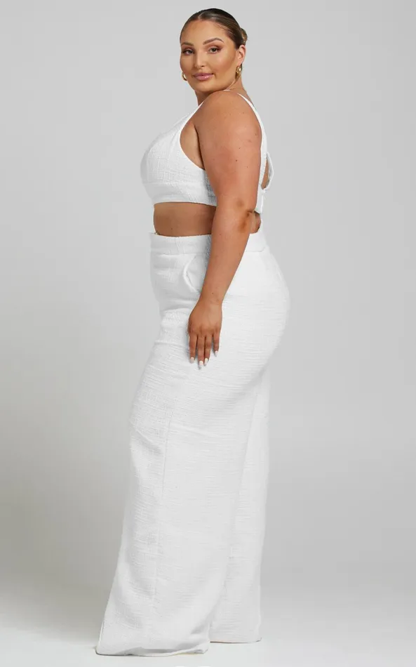 Showpo Adelaide Two Piece Set 8211 Crop Top And Wide Leg Pants Set In White Women Curve Clothes