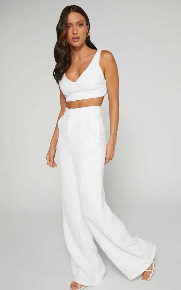 Showpo Adelaide Two Piece Set 8211 Crop Top And Wide Leg Pants Set In White Women Curve Clothes