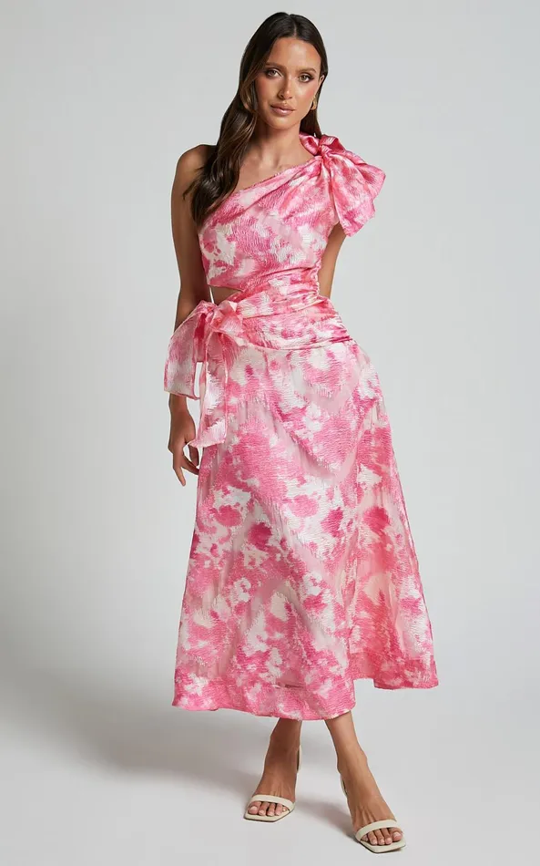 Showpo Adelia Midi Dress 8211 One Shoulder Tie Side Cut Out Ribbon Detail Dress In Print Women Dresses