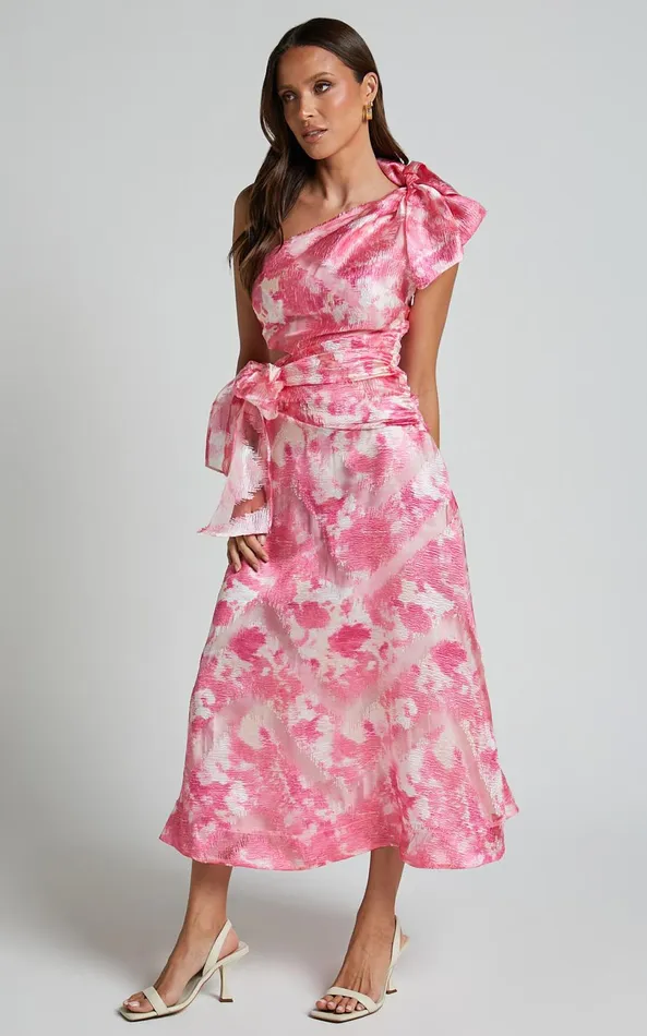 Showpo Adelia Midi Dress 8211 One Shoulder Tie Side Cut Out Ribbon Detail Dress In Print Women Dresses