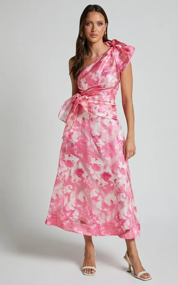 Showpo Adelia Midi Dress 8211 One Shoulder Tie Side Cut Out Ribbon Detail Dress In Print Women Dresses