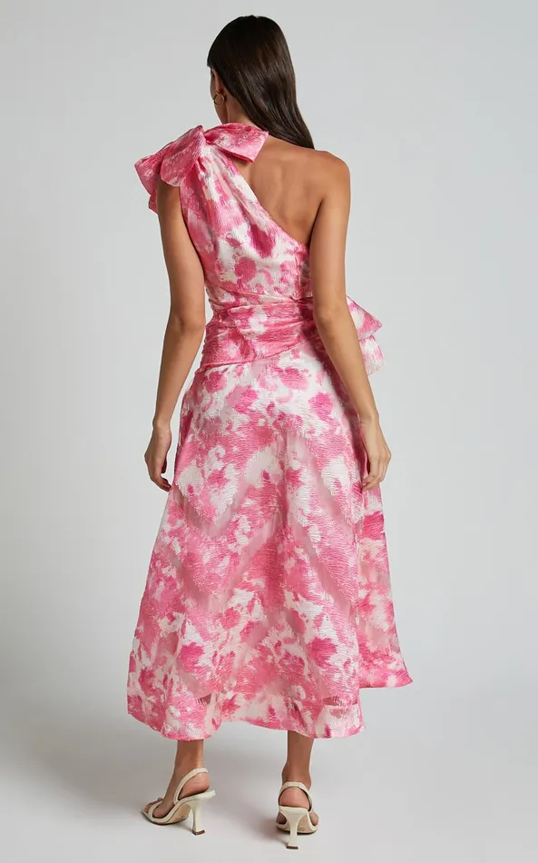 Showpo Adelia Midi Dress 8211 One Shoulder Tie Side Cut Out Ribbon Detail Dress In Print Women Dresses