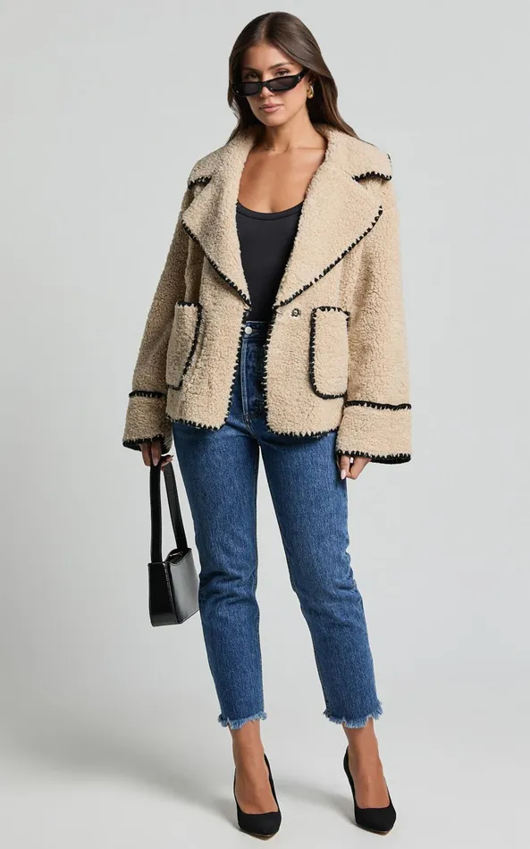 Showpo Adeline Jacket 8211 Oversized Blanket Stitched Shearling Jacket In Caramel Women Jackets and Coats