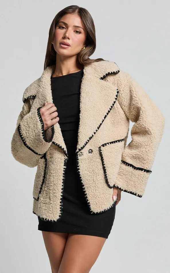 Showpo Adeline Jacket 8211 Oversized Blanket Stitched Shearling Jacket In Caramel Women Jackets and Coats