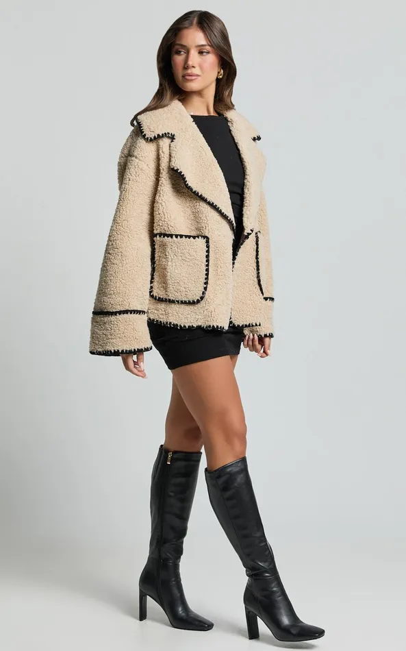 Showpo Adeline Jacket 8211 Oversized Blanket Stitched Shearling Jacket In Caramel Women Jackets and Coats
