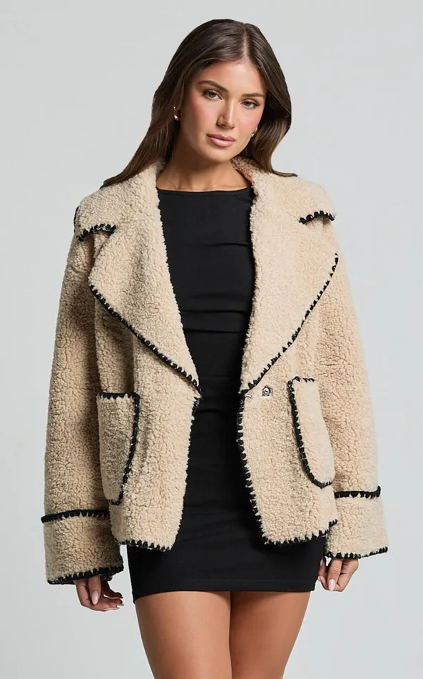 Showpo Adeline Jacket 8211 Oversized Blanket Stitched Shearling Jacket In Caramel Women Jackets and Coats