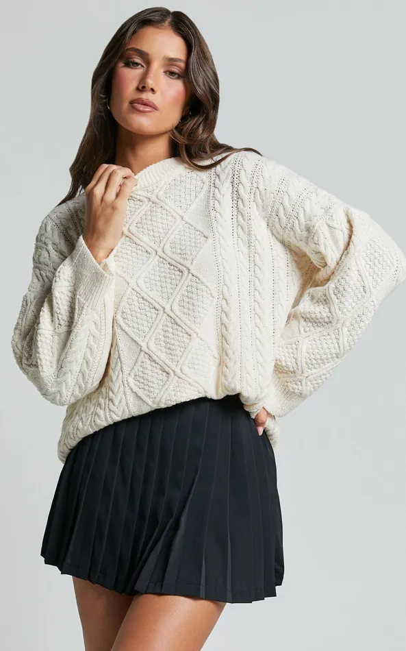 Showpo Adeline Jumper 8211 Oversized Crew Neck Cable Knit Jumper In Cream Women Knitwear