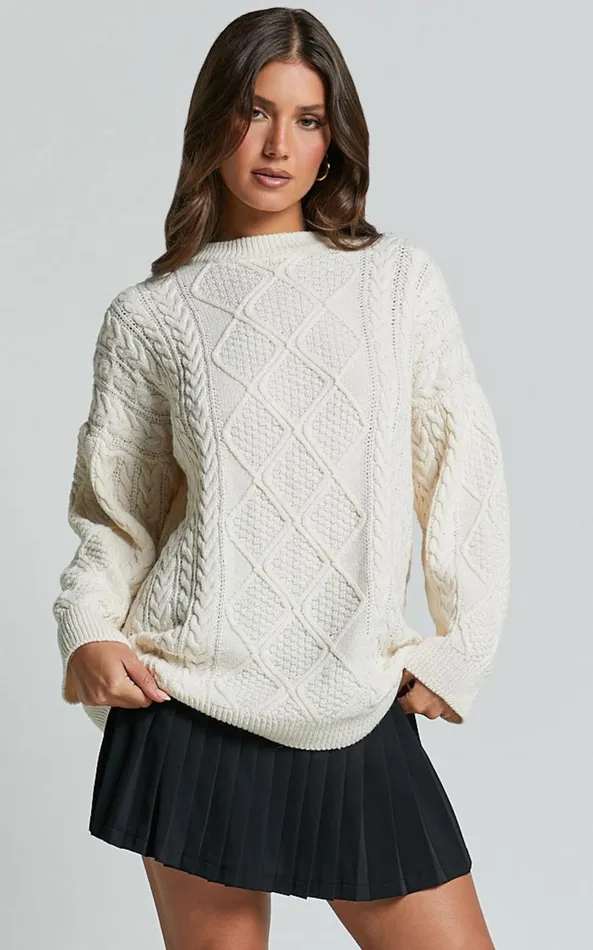 Showpo Adeline Jumper 8211 Oversized Crew Neck Cable Knit Jumper In Cream Women Knitwear