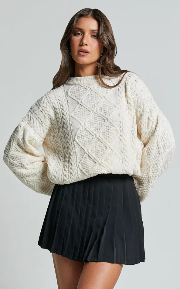 Showpo Adeline Jumper 8211 Oversized Crew Neck Cable Knit Jumper In Cream Women Knitwear