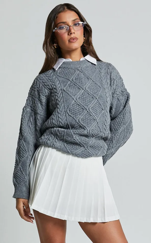 Showpo Adeline Jumper 8211 Oversized Crew Neck Cable Knit Jumper In Grey Women Knitwear