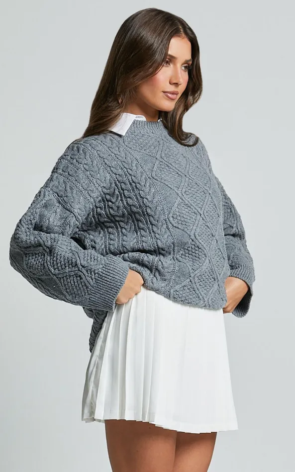 Showpo Adeline Jumper 8211 Oversized Crew Neck Cable Knit Jumper In Grey Women Knitwear