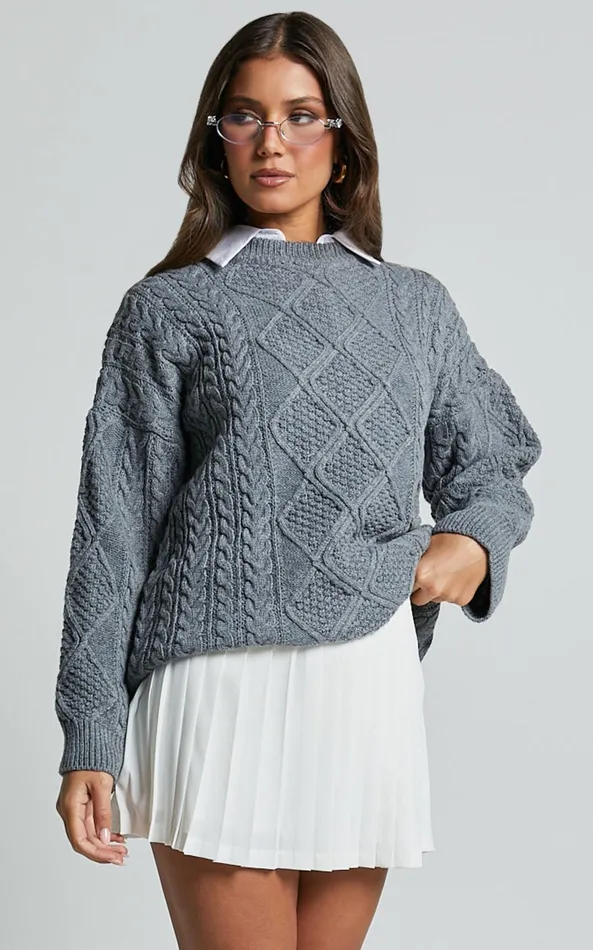 Showpo Adeline Jumper 8211 Oversized Crew Neck Cable Knit Jumper In Grey Women Knitwear