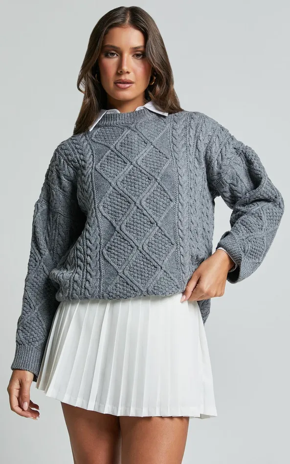 Showpo Adeline Jumper 8211 Oversized Crew Neck Cable Knit Jumper In Grey Women Knitwear