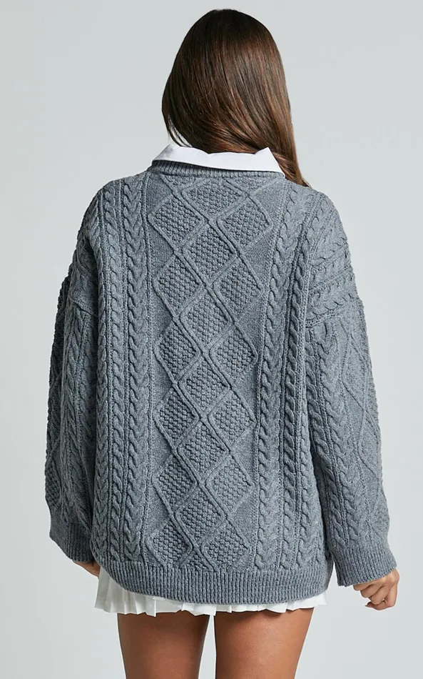 Showpo Adeline Jumper 8211 Oversized Crew Neck Cable Knit Jumper In Grey Women Knitwear