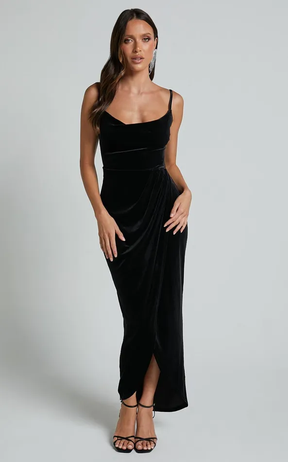 Showpo Adeline Midi Dress 8211 Velvet Cowl Neck Drape Dress In Black Women Dresses Showpo Adeline Midi Dress 8211 Velvet Cowl Neck Drape Dress In Black Women Dresses