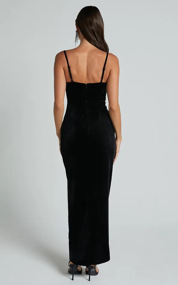 Showpo Adeline Midi Dress 8211 Velvet Cowl Neck Drape Dress In Black Women Dresses