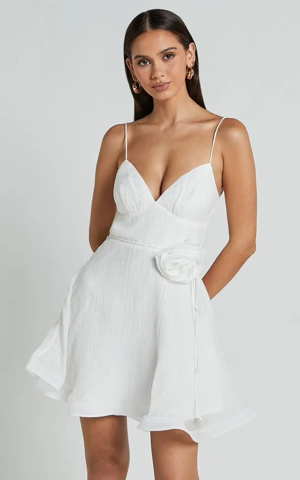 Showpo Adeline Mini Dress 8211 Gathered Bust V Neck Rosette Detail Dress In White Women Dresses Showpo Adeline Mini Dress 8211 Gathered Bust V Neck Rosette Detail Dress In White Women Dresses