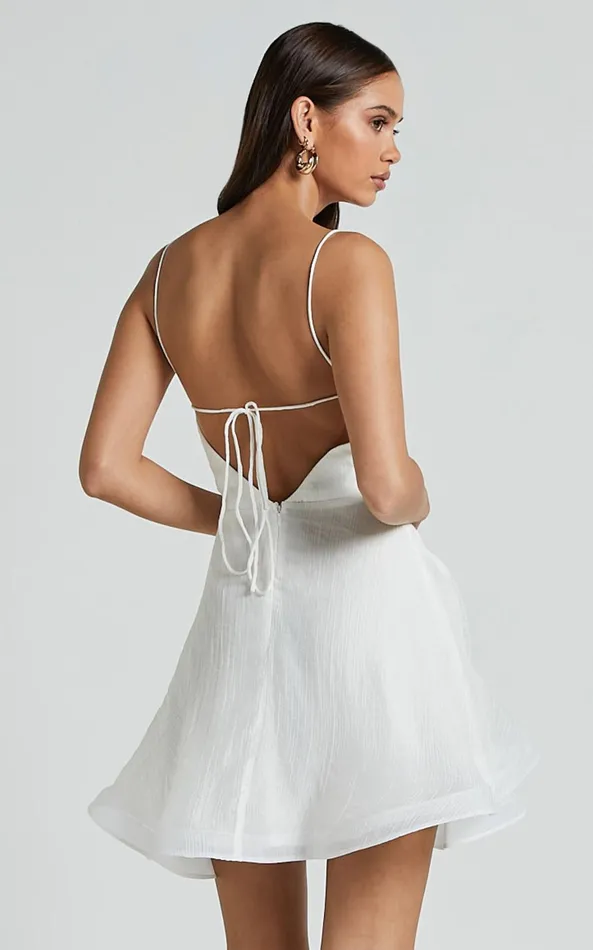 Showpo Adeline Mini Dress 8211 Gathered Bust V Neck Rosette Detail Dress In White Women Dresses