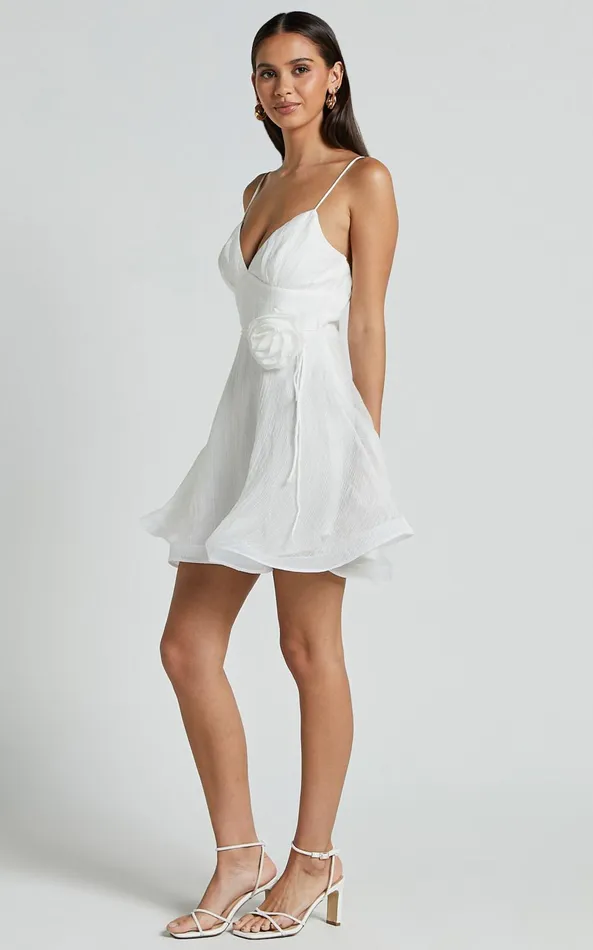 Showpo Adeline Mini Dress 8211 Gathered Bust V Neck Rosette Detail Dress In White Women Dresses