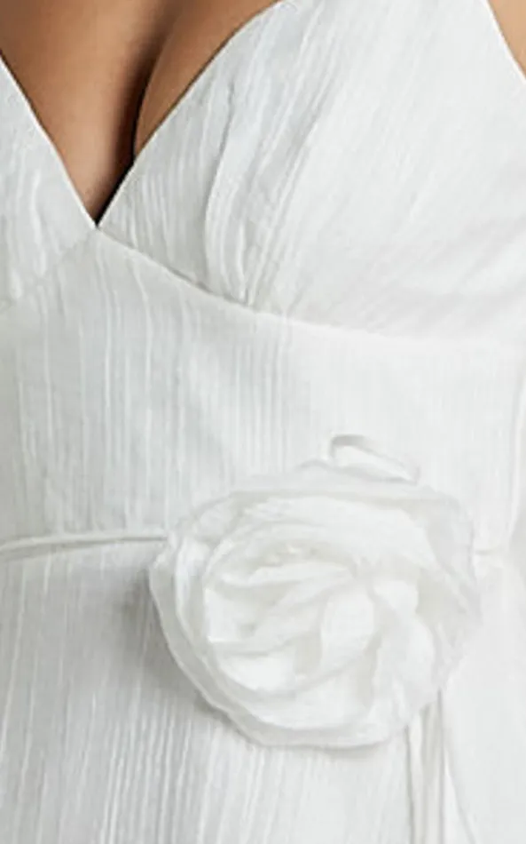 Showpo Adeline Mini Dress 8211 Gathered Bust V Neck Rosette Detail Dress In White Women Dresses