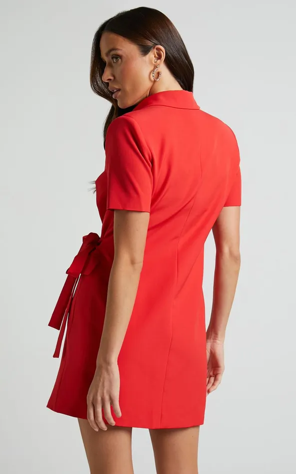 Showpo Adelyn Dress 8211 Short Sleeve Tie Waist Blazer Mini Dress In Red Women Dresses