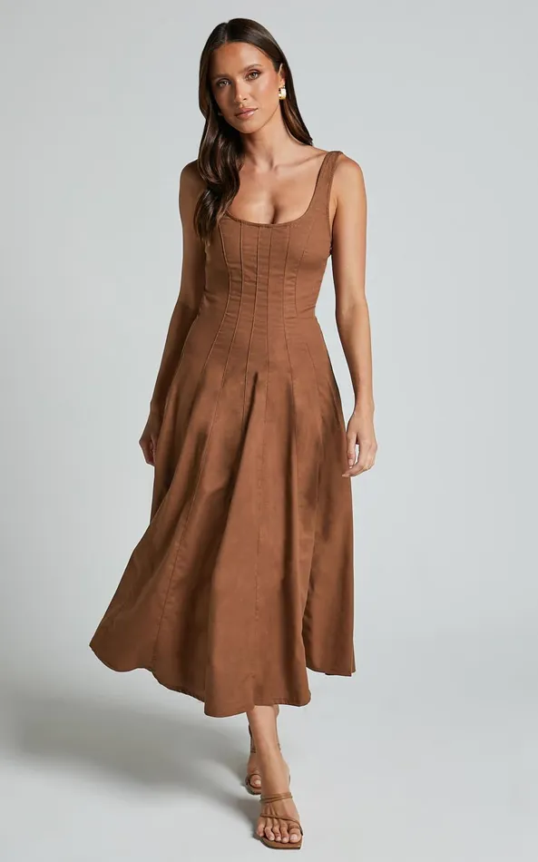 Showpo Adelyn Midi Dress 8211 Square Neck Sleeveless A Line Dress In Tobacco Women Dresses Showpo Adelyn Midi Dress 8211 Square Neck Sleeveless A Line Dress In Tobacco Women Dresses
