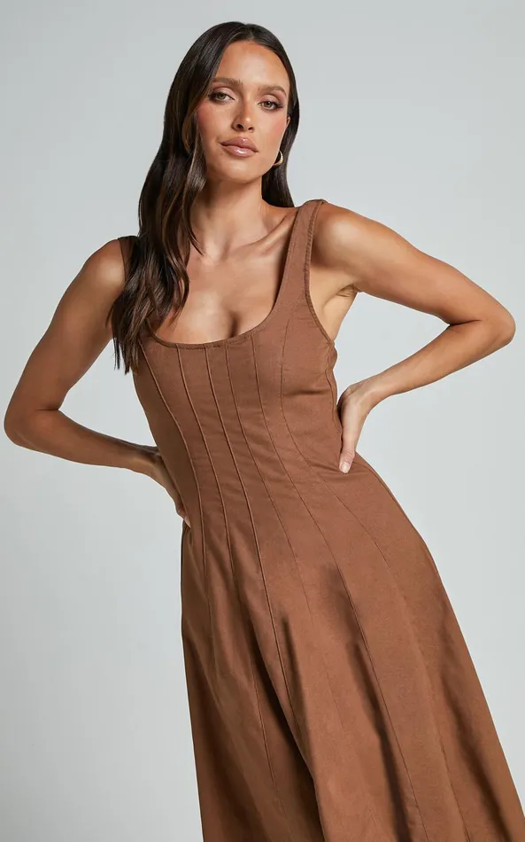 Showpo Adelyn Midi Dress 8211 Square Neck Sleeveless A Line Dress In Tobacco Women Dresses