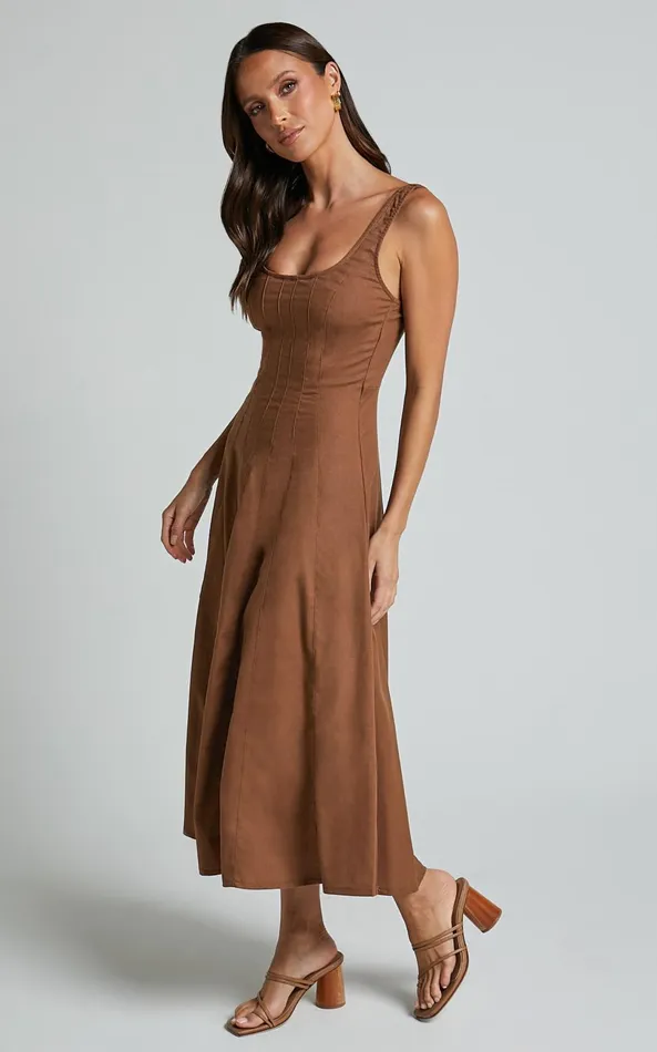 Showpo Adelyn Midi Dress 8211 Square Neck Sleeveless A Line Dress In Tobacco Women Dresses