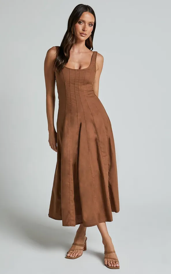 Showpo Adelyn Midi Dress 8211 Square Neck Sleeveless A Line Dress In Tobacco Women Dresses